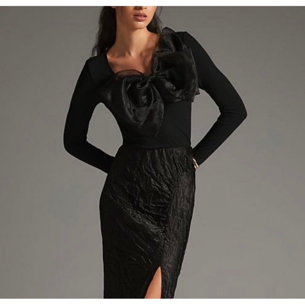 Sunday in Brooklyn Bow Top Black Ribbed Knit Oversized Organza Long Sleeve XL‎